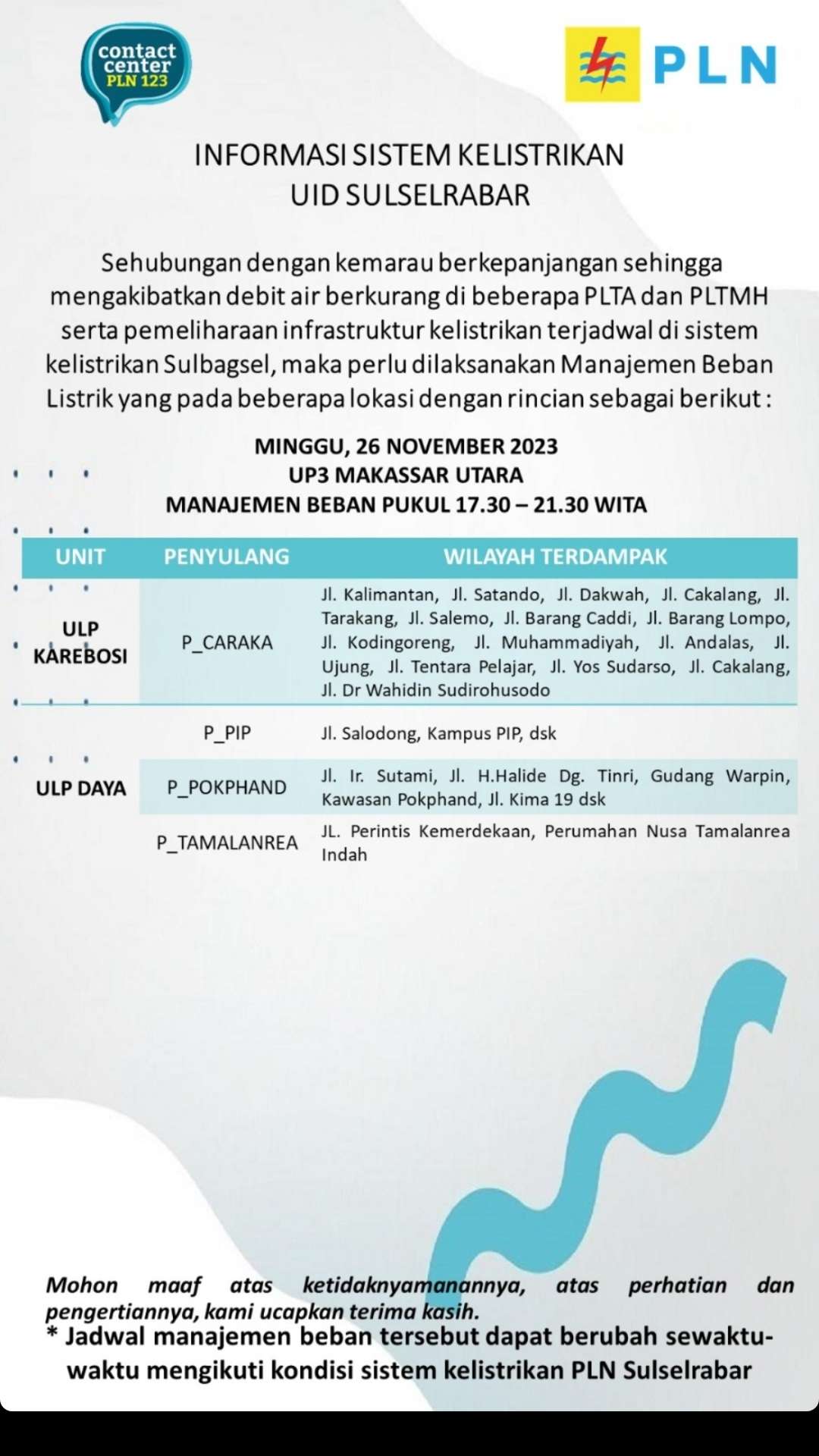 Jadwal Pemadaman Makassar Minggu 26 November, Berlangsung 4 Jam