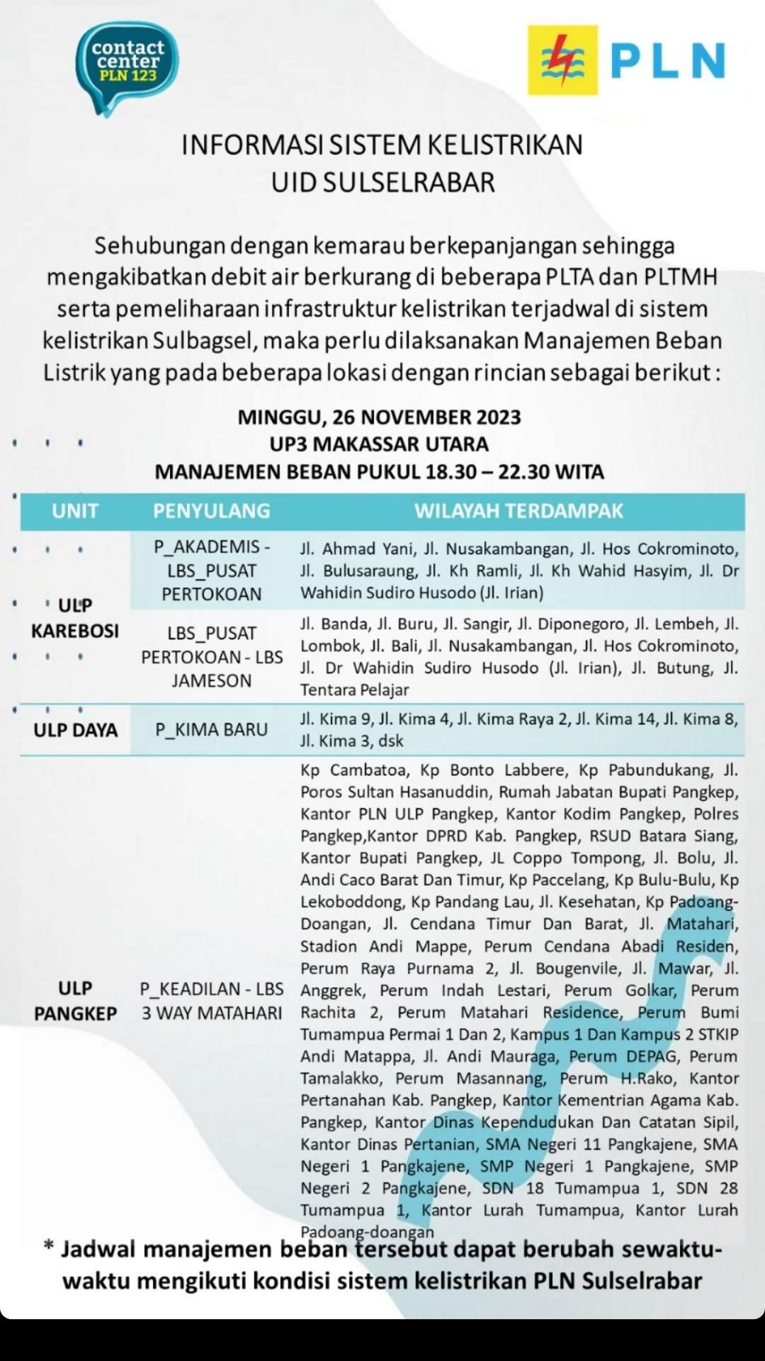 Jadwal Pemadaman Makassar Minggu 26 November, Berlangsung 4 Jam