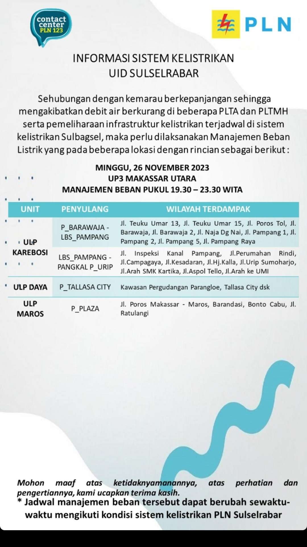 Jadwal Pemadaman Makassar Minggu 26 November, Berlangsung 4 Jam
