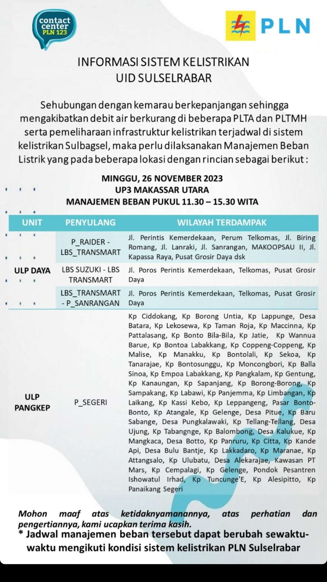 Jadwal Pemadaman Makassar Minggu 26 November, Berlangsung 4 Jam