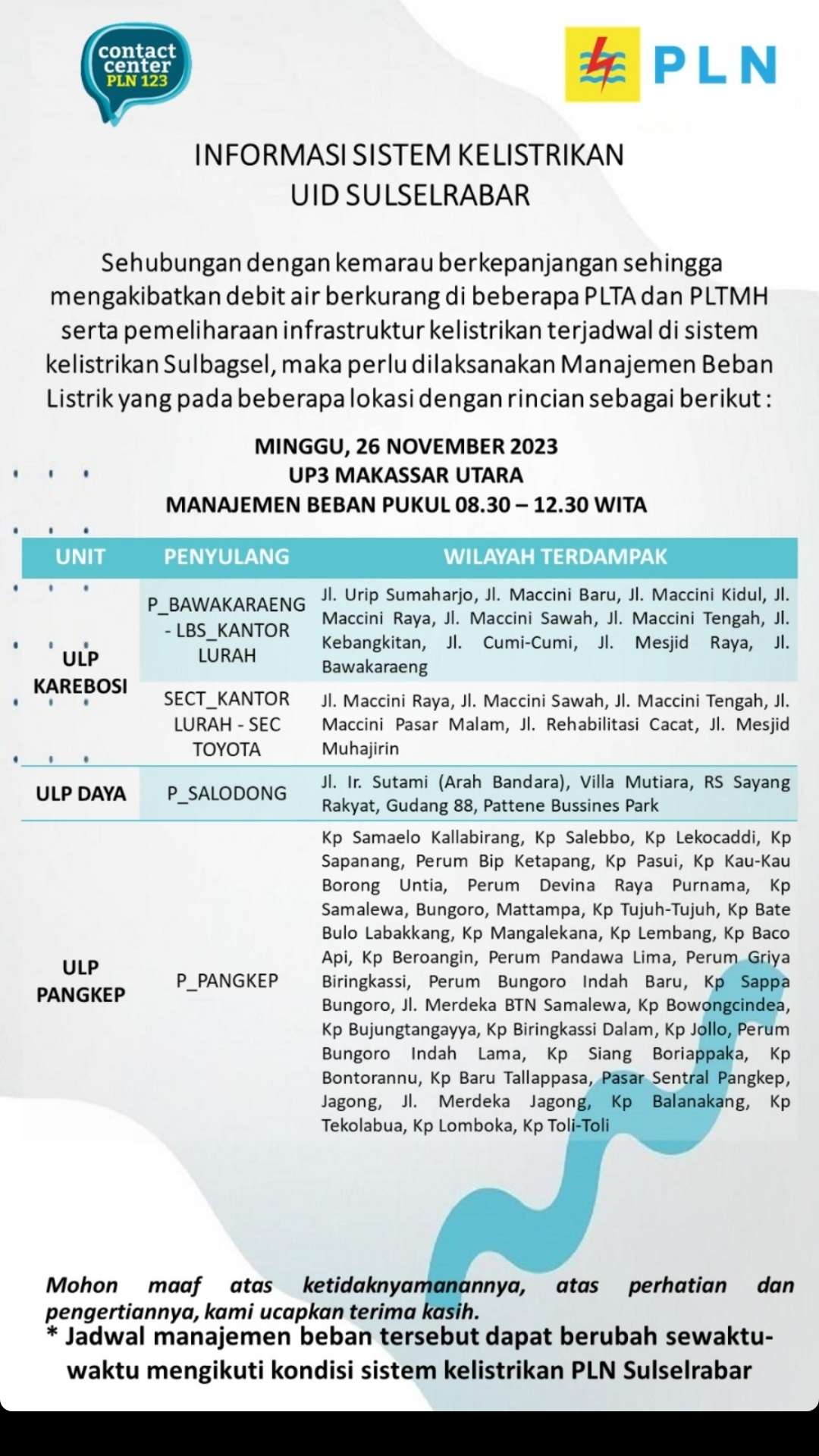 Jadwal Pemadaman Makassar Minggu 26 November, Berlangsung 4 Jam