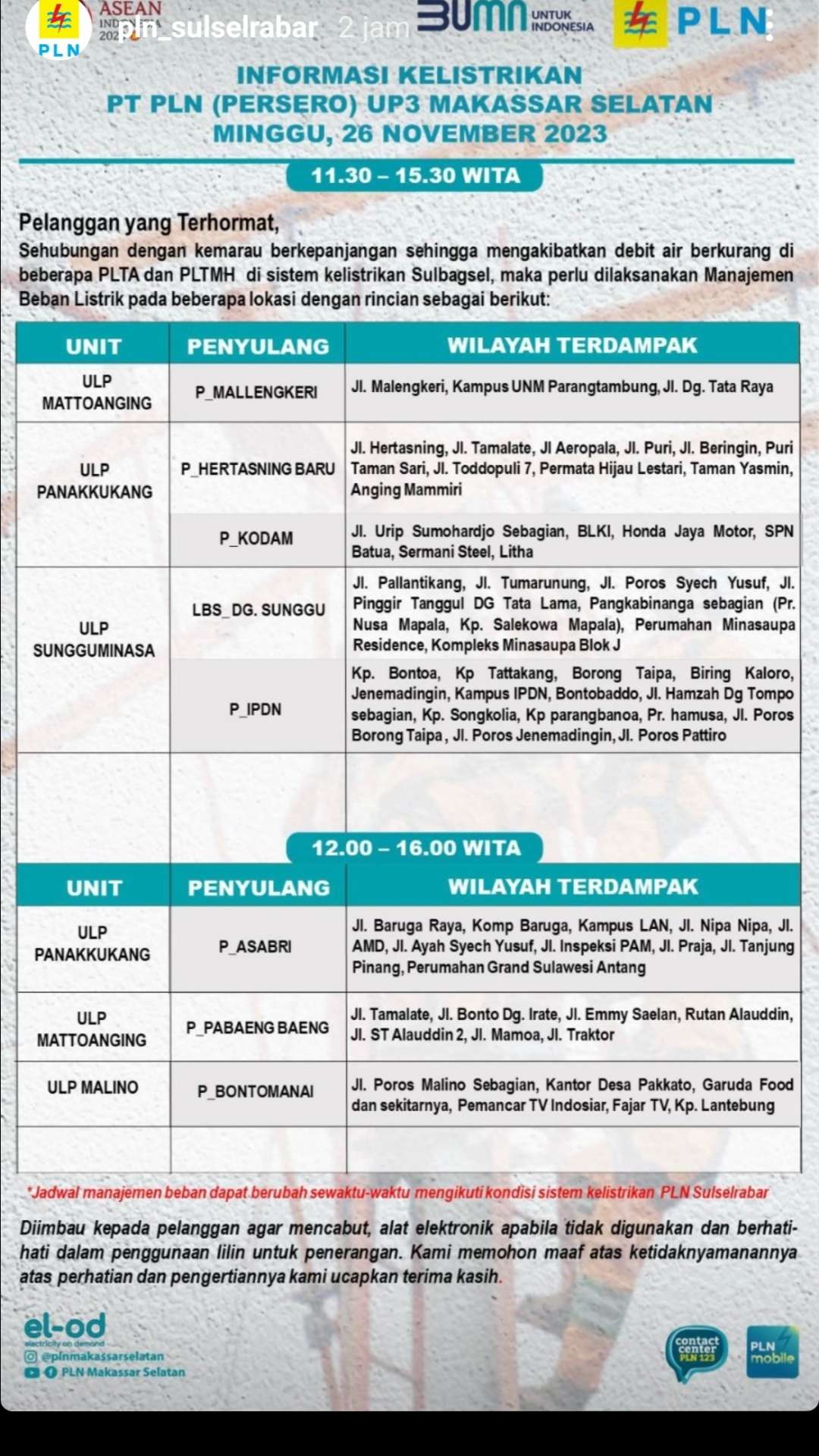 Jadwal Pemadaman Makassar Minggu 26 November, Berlangsung 4 Jam