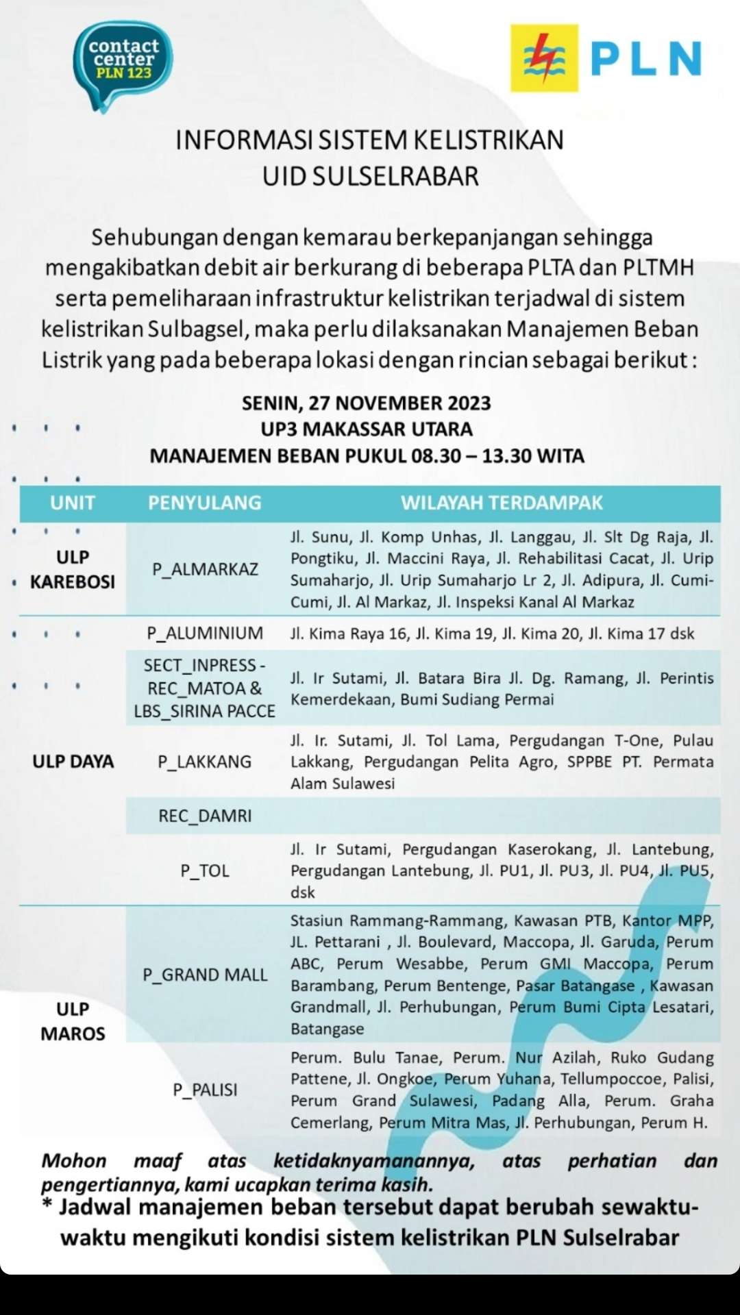 Lokasi Pemadaman Listrik di Makassar Hari Ini 27 November, Tembus 5 Jam