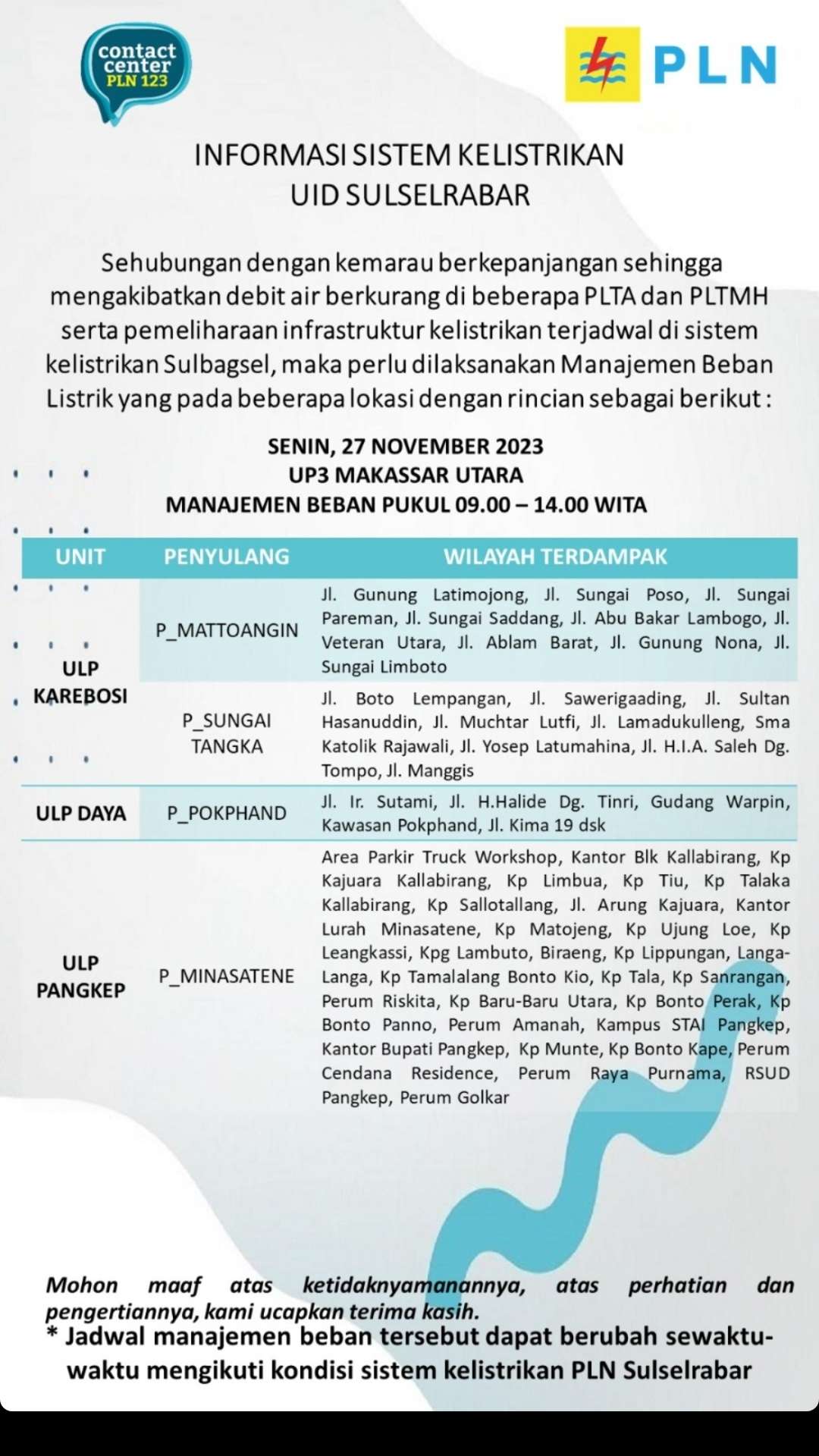 Lokasi Pemadaman Listrik di Makassar Hari Ini 27 November, Tembus 5 Jam