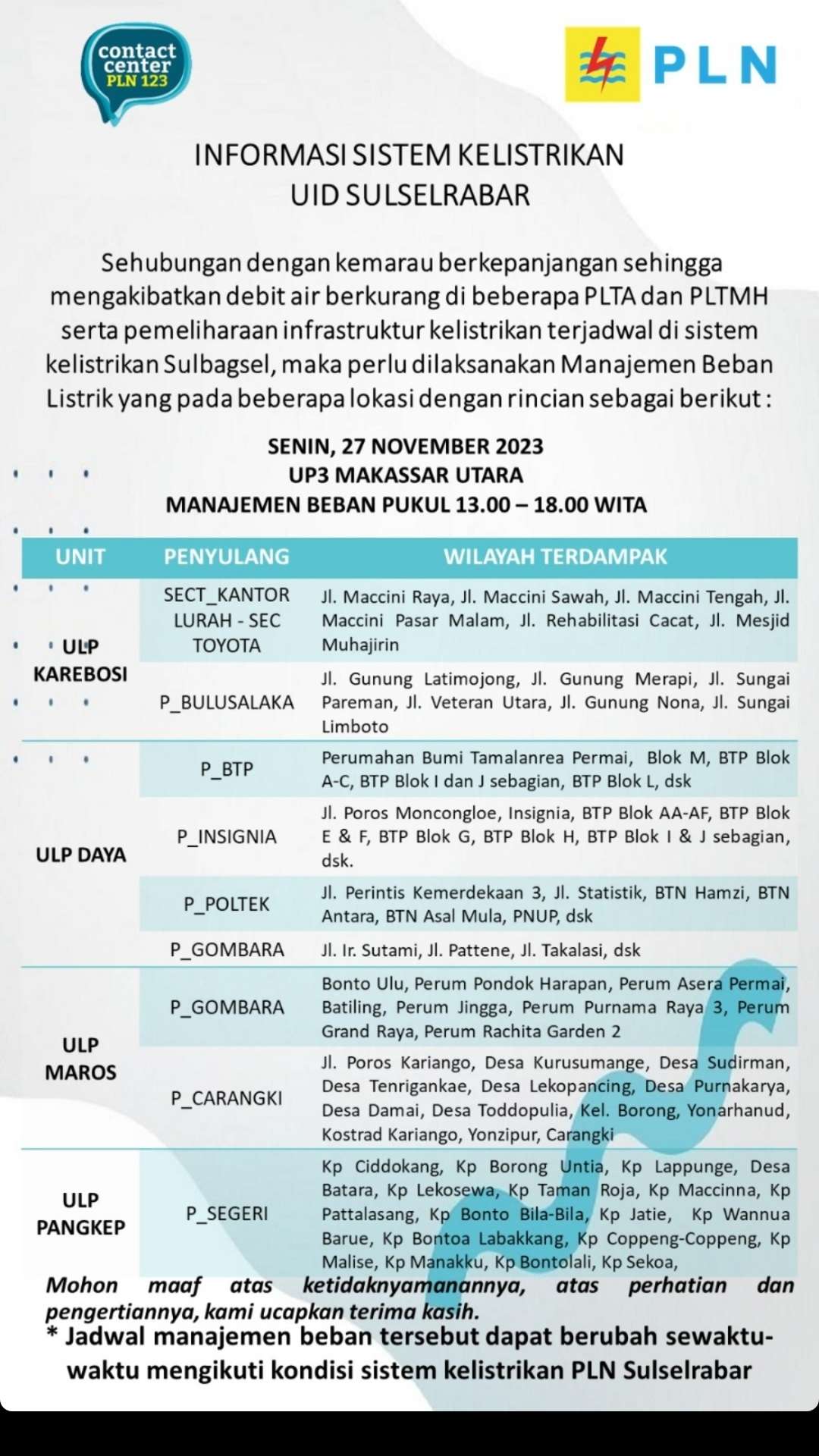 Lokasi Pemadaman Listrik di Makassar Hari Ini 27 November, Tembus 5 Jam