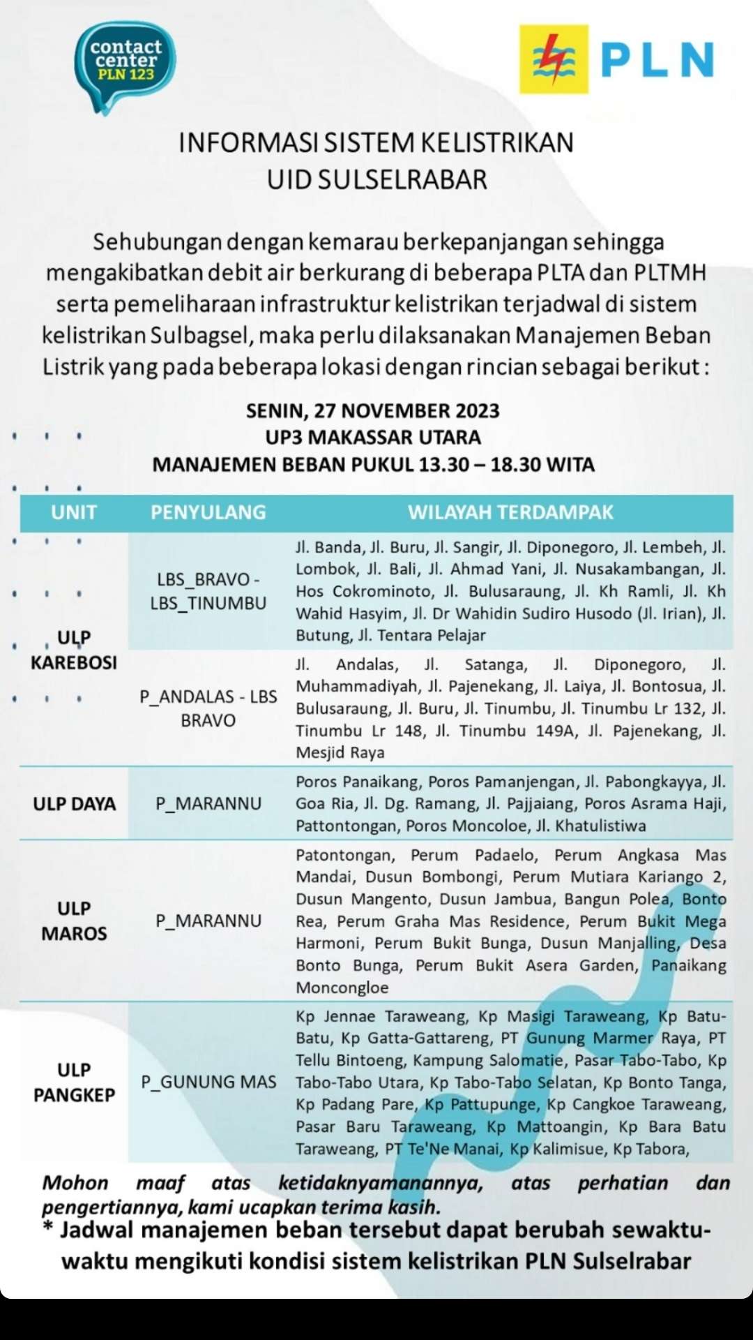 Lokasi Pemadaman Listrik di Makassar Hari Ini 27 November, Tembus 5 Jam