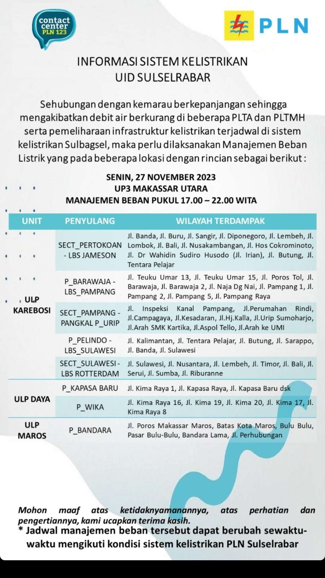 Lokasi Pemadaman Listrik di Makassar Hari Ini 27 November, Tembus 5 Jam