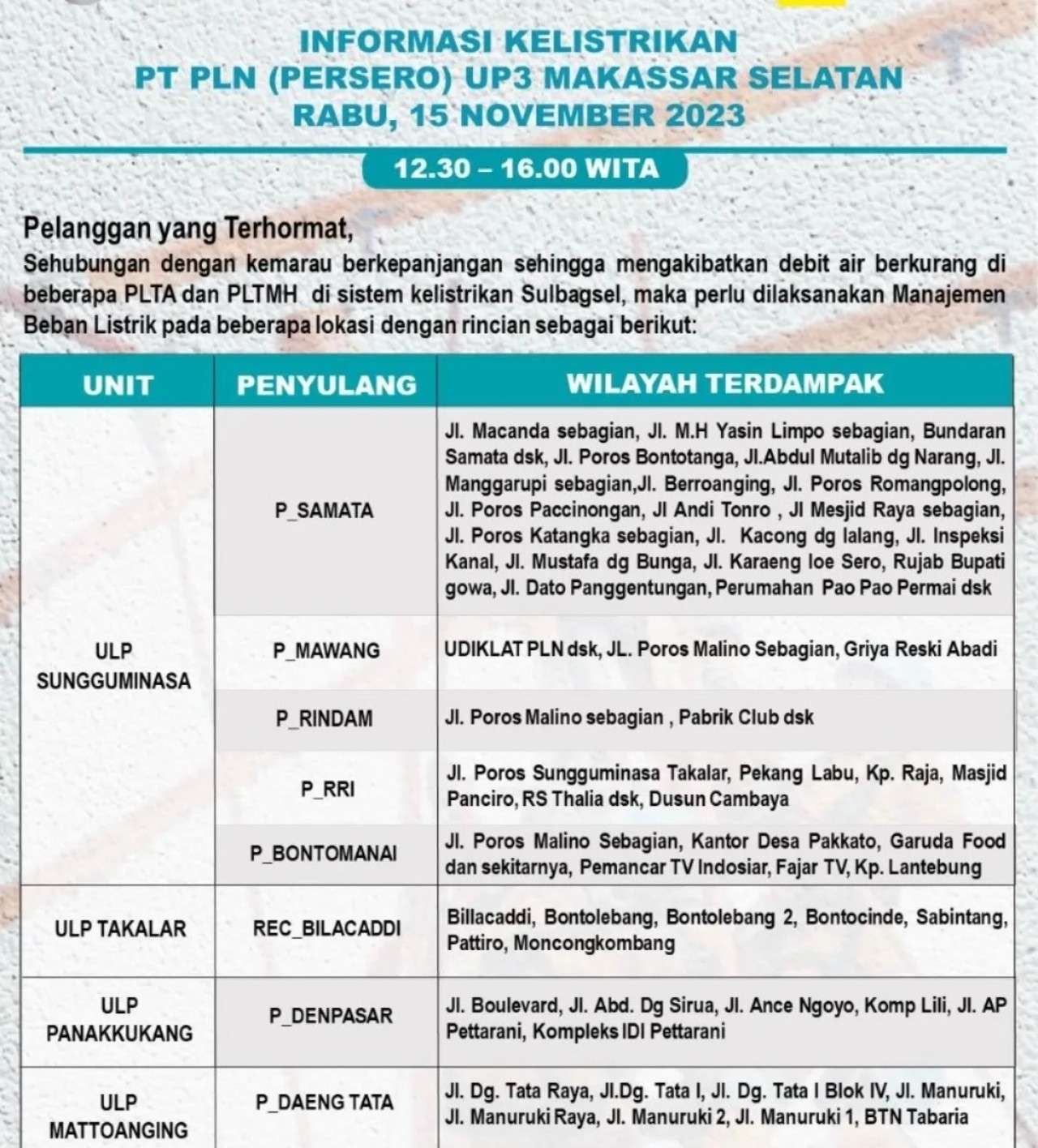 Jadwal Mati Lampu Hari Ini Rabu 15 November 2023 Wilayah Makassar-Gowa-Takalar-Maros-Pangkep