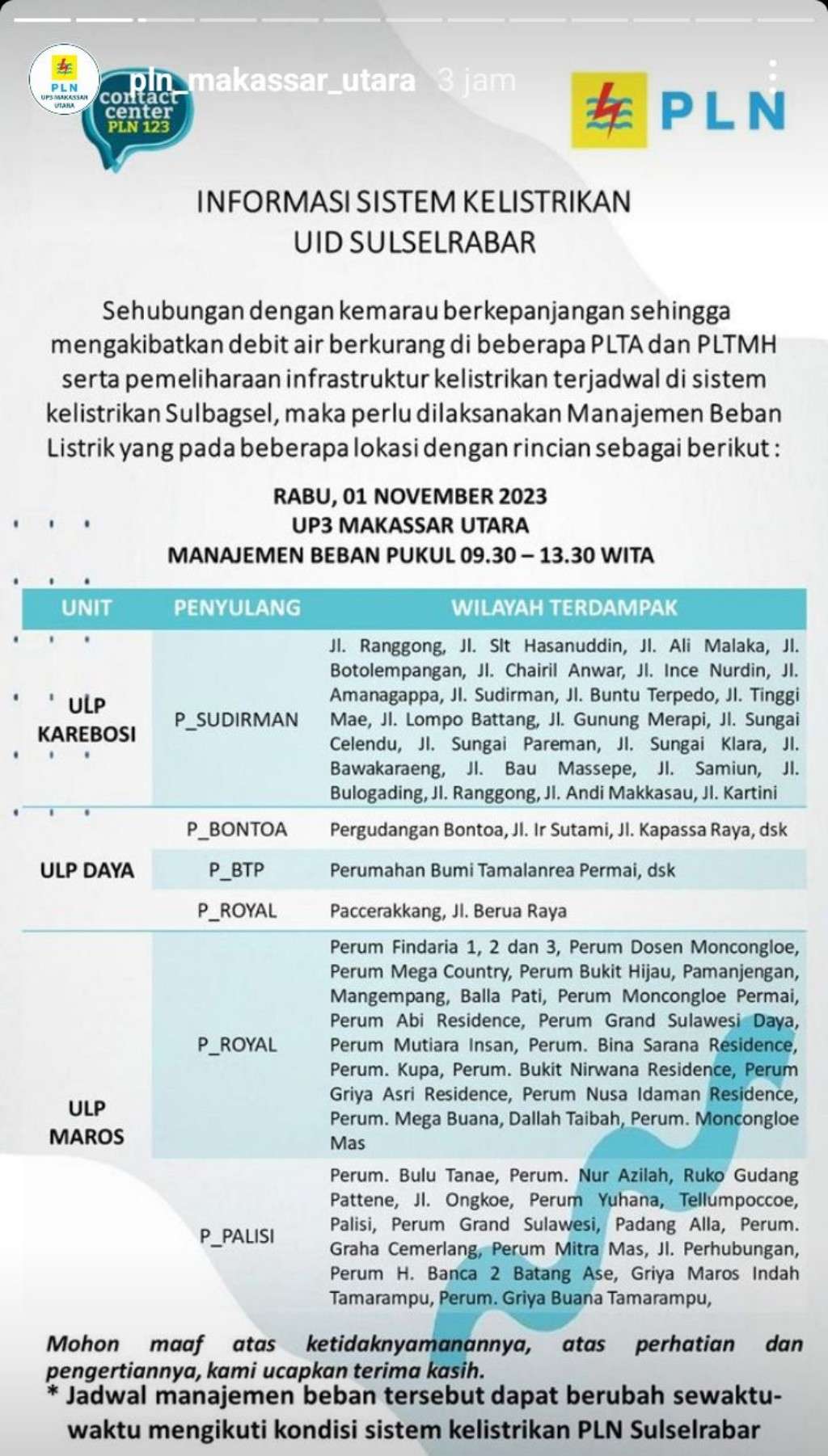Jadwal Pemadaman Listrik di Makassar Hari Ini, 1 November 2023