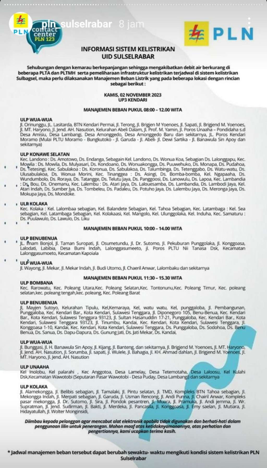 Jadwal Pemadaman Listrik di Kendari Hari Ini, 2 November 2023