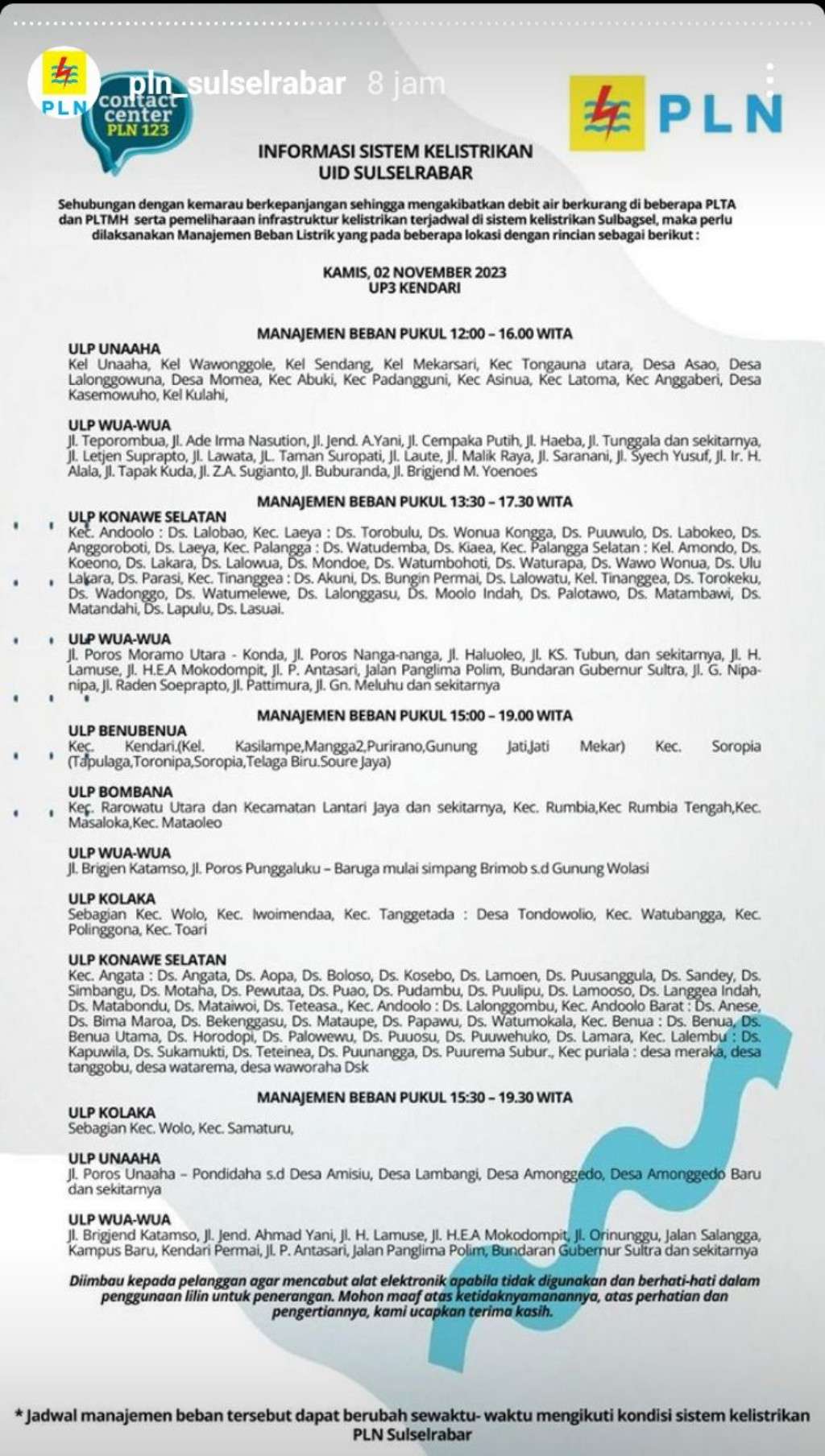 Jadwal Pemadaman Listrik di Kendari Hari Ini, 2 November 2023