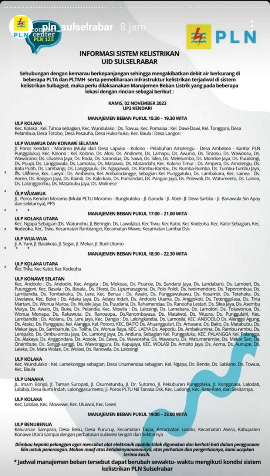 Jadwal Pemadaman Listrik di Kendari Hari Ini, 2 November 2023