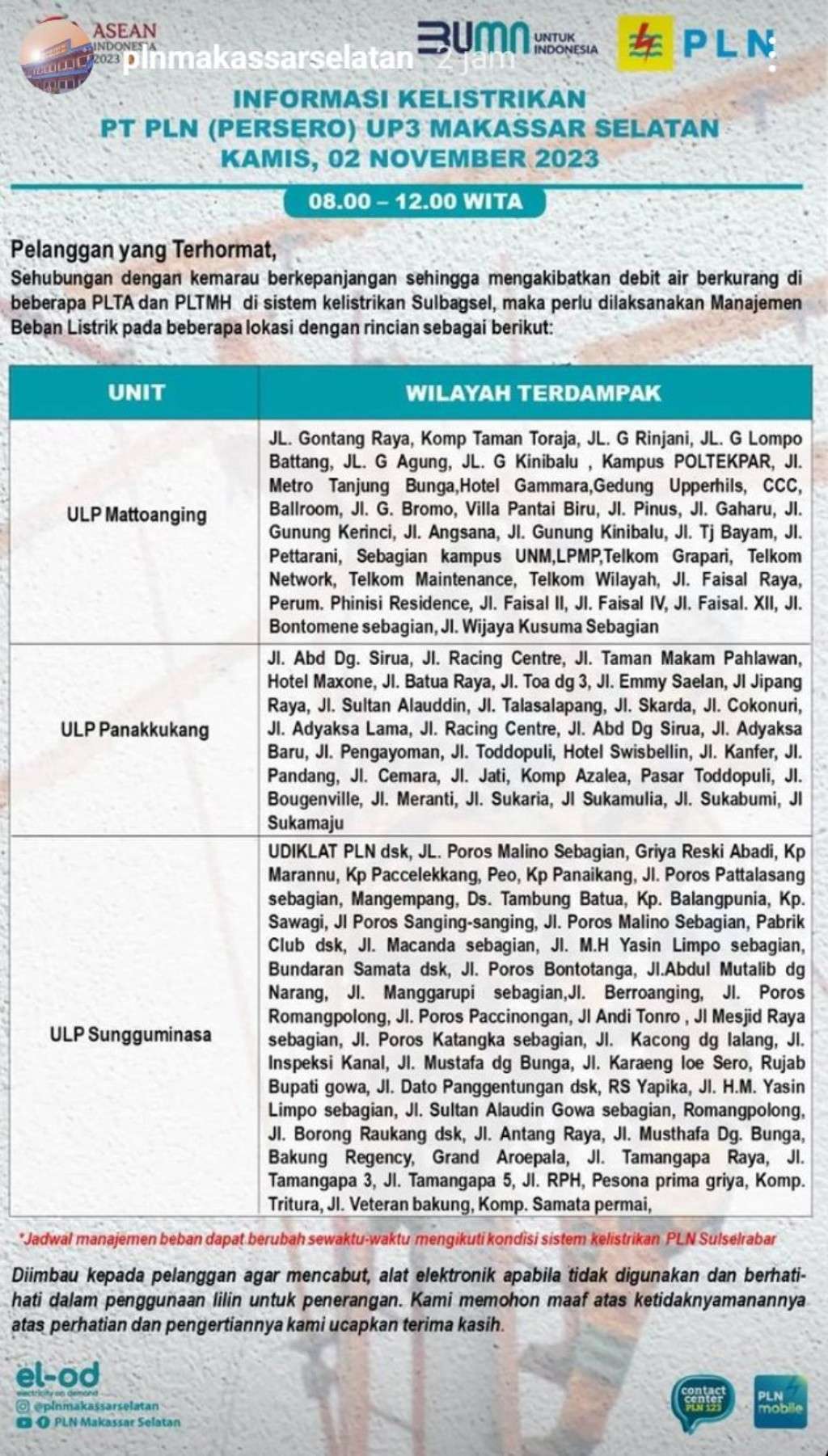 Jadwal Pemadaman Listrik di Makassar Hari Ini, 2 November 2023