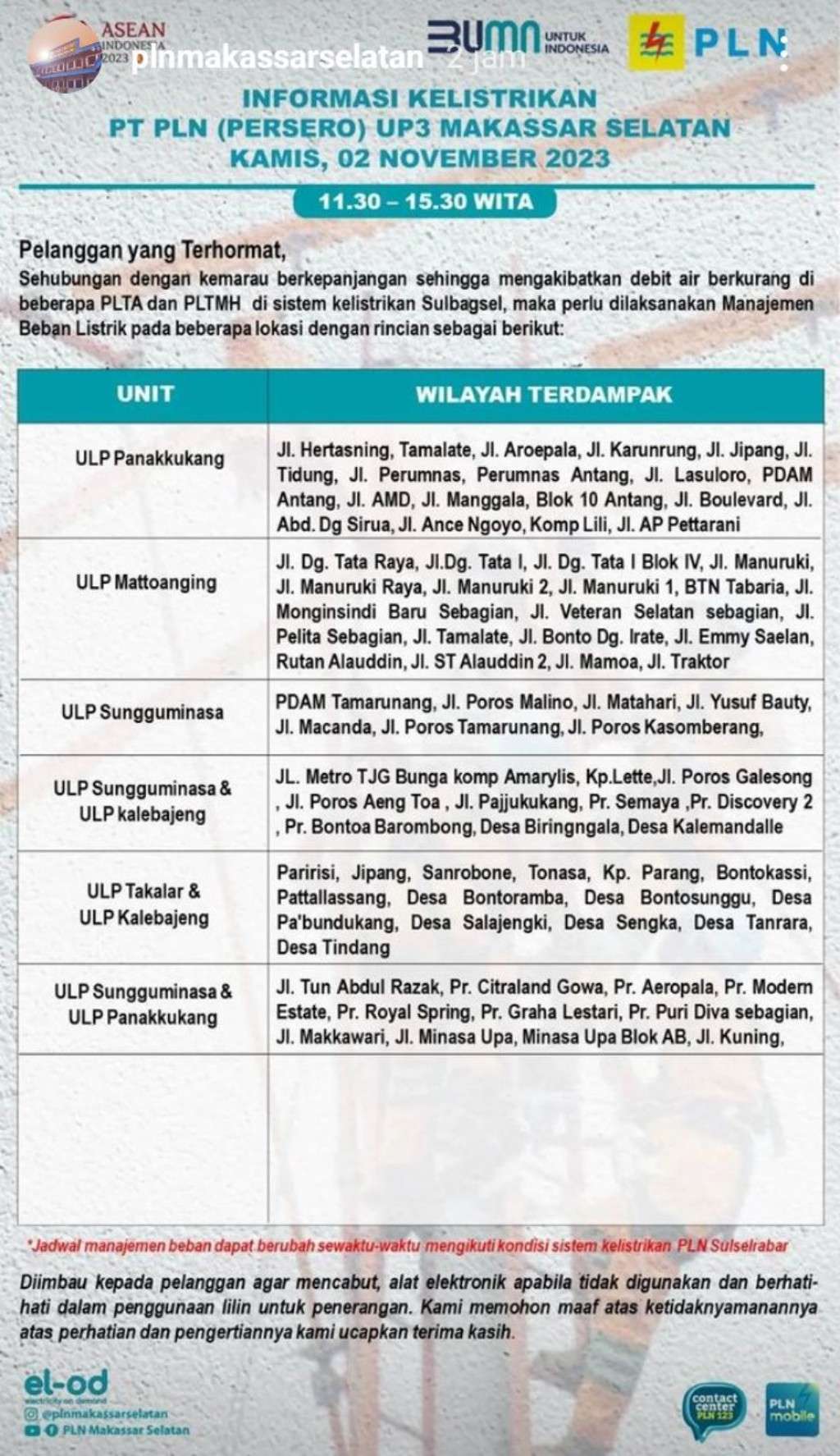 Jadwal Pemadaman Listrik di Makassar Hari Ini, 2 November 2023