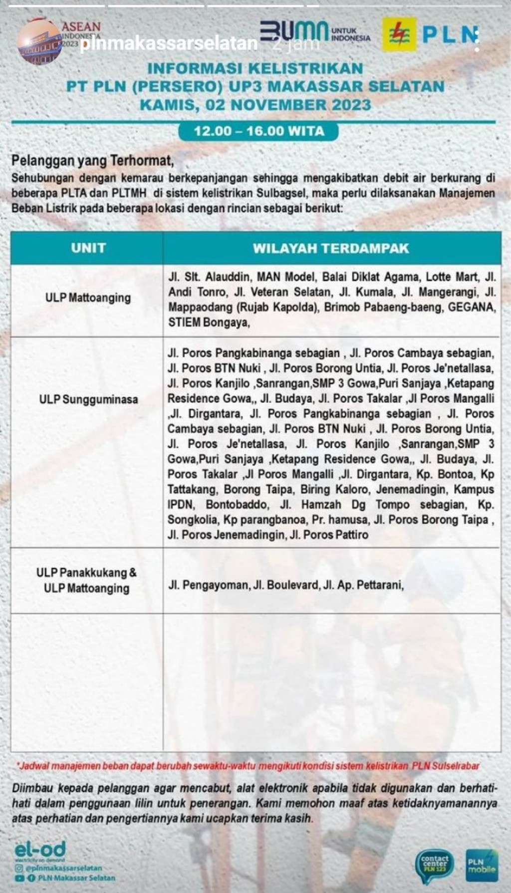 Jadwal Pemadaman Listrik di Makassar Hari Ini, 2 November 2023