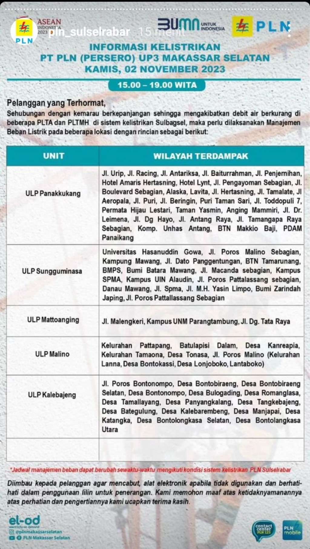 Jadwal Pemadaman Listrik di Makassar Hari Ini, 2 November 2023