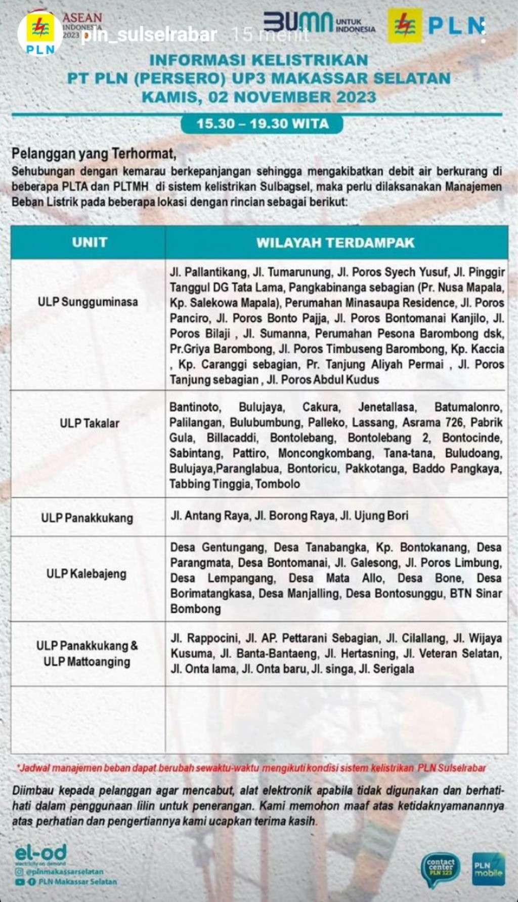 Jadwal Pemadaman Listrik di Makassar Hari Ini, 2 November 2023