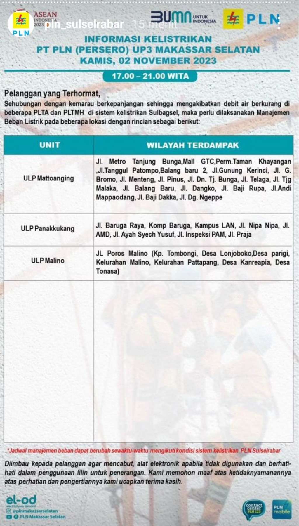 Jadwal Pemadaman Listrik di Makassar Hari Ini, 2 November 2023