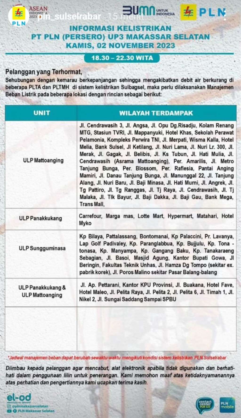 Jadwal Pemadaman Listrik di Makassar Hari Ini, 2 November 2023