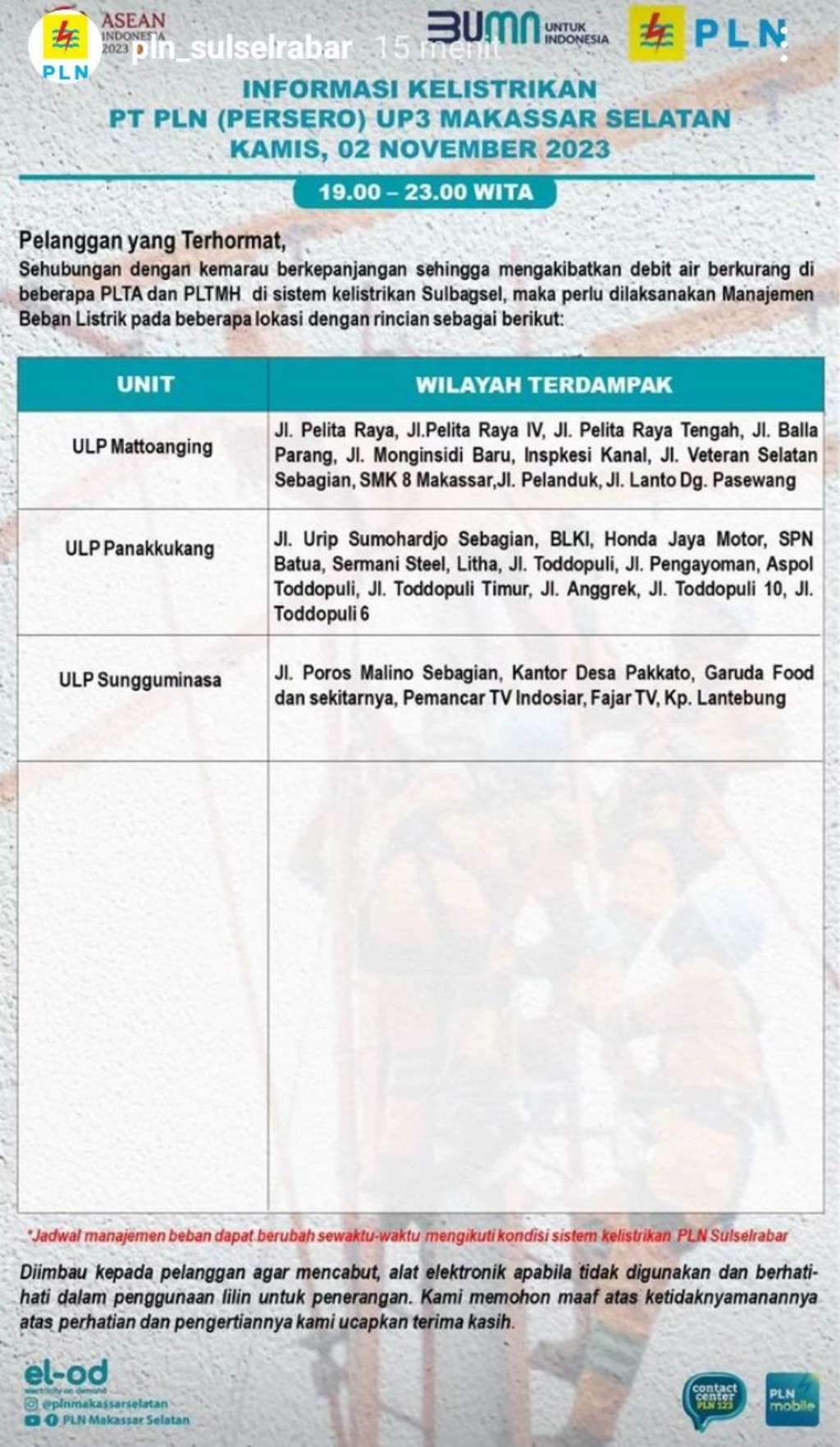 Jadwal Pemadaman Listrik di Makassar Hari Ini, 2 November 2023