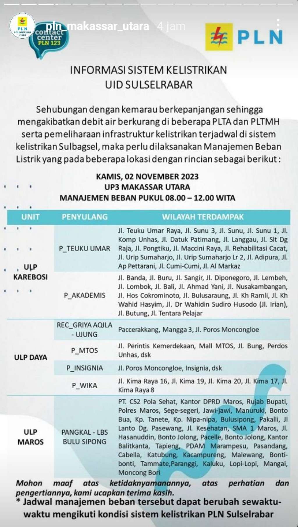 Jadwal Pemadaman Listrik di Makassar Hari Ini, 2 November 2023