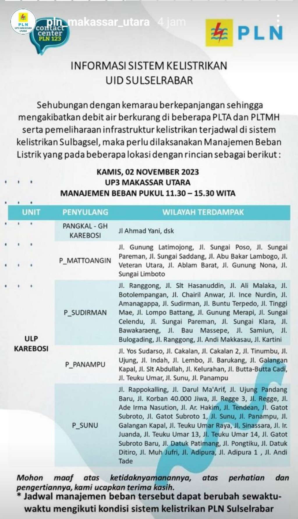 Jadwal Pemadaman Listrik di Makassar Hari Ini, 2 November 2023