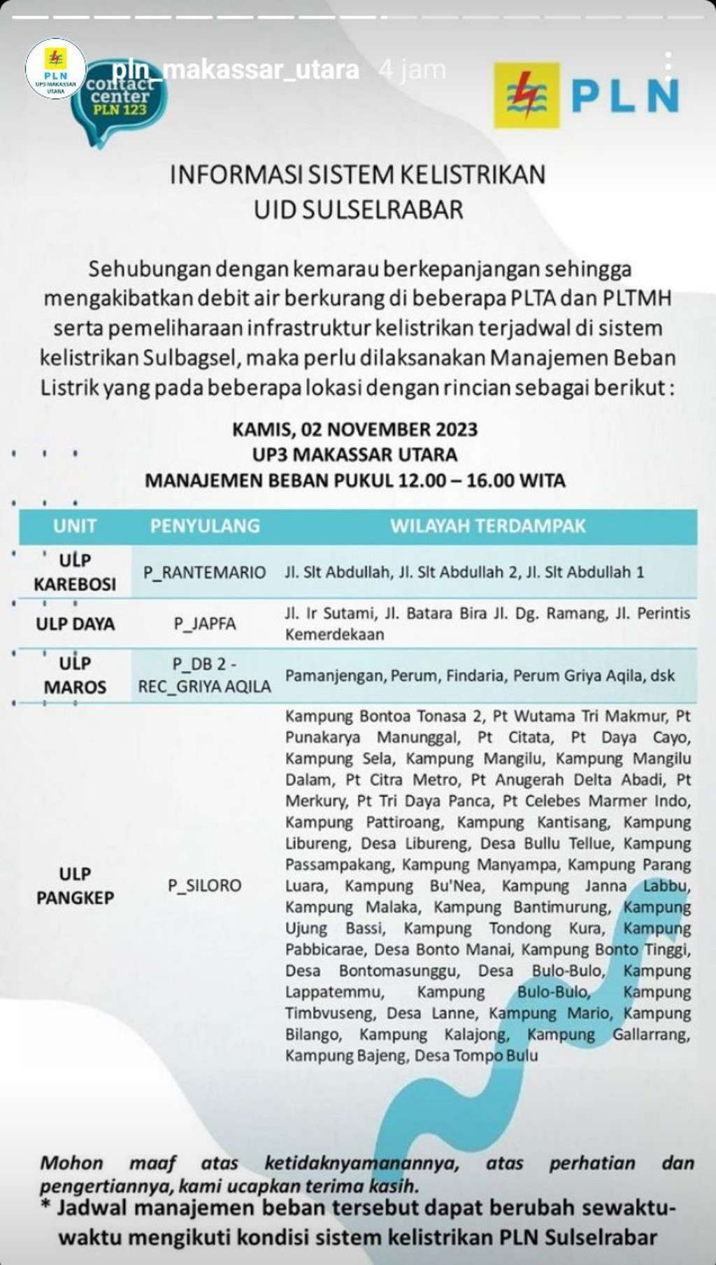 Jadwal Pemadaman Listrik di Makassar Hari Ini, 2 November 2023