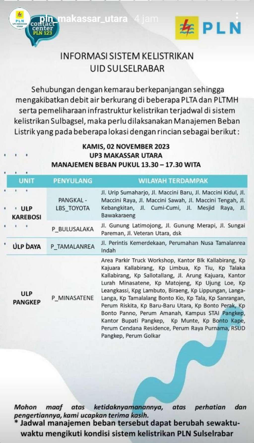 Jadwal Pemadaman Listrik di Makassar Hari Ini, 2 November 2023