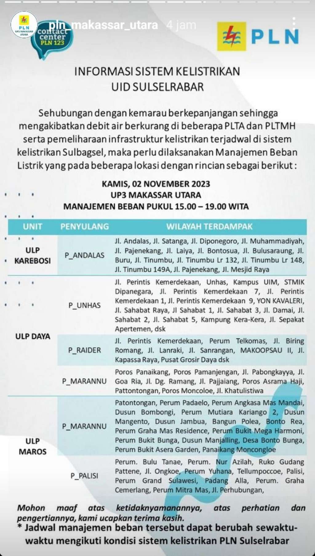 Jadwal Pemadaman Listrik di Makassar Hari Ini, 2 November 2023