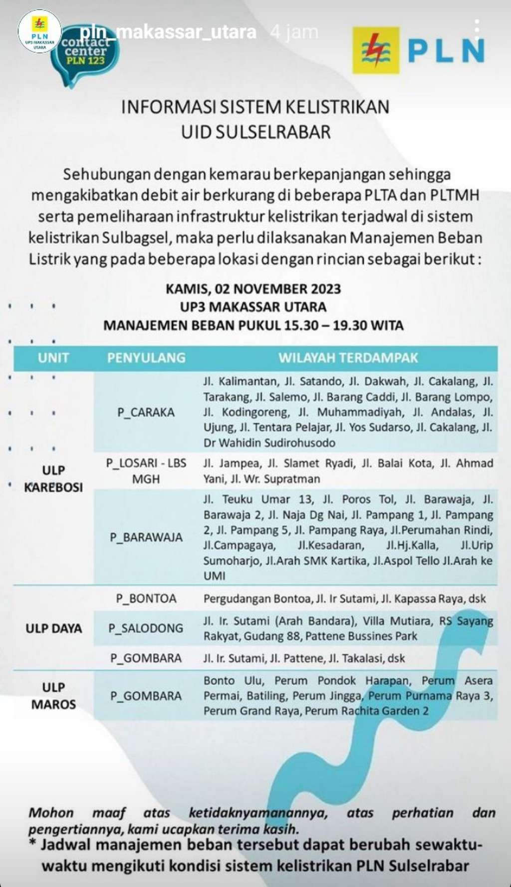 Jadwal Pemadaman Listrik di Makassar Hari Ini, 2 November 2023
