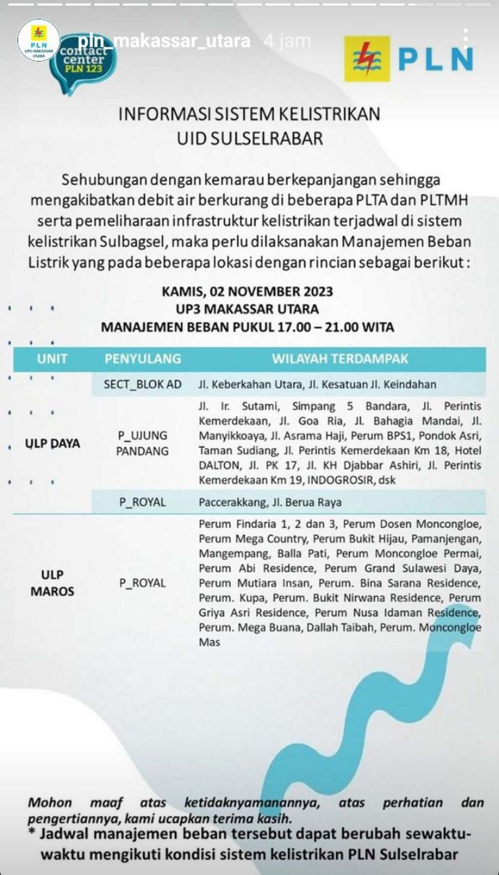 Jadwal Pemadaman Listrik di Makassar Hari Ini, 2 November 2023