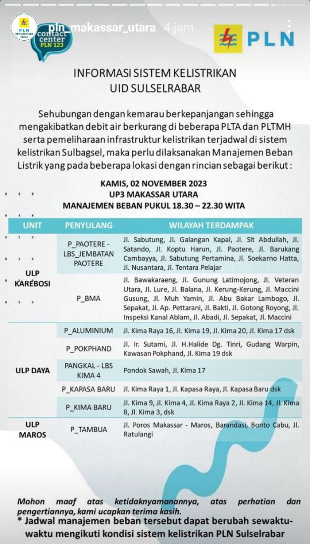 Jadwal Pemadaman Listrik di Makassar Hari Ini, 2 November 2023