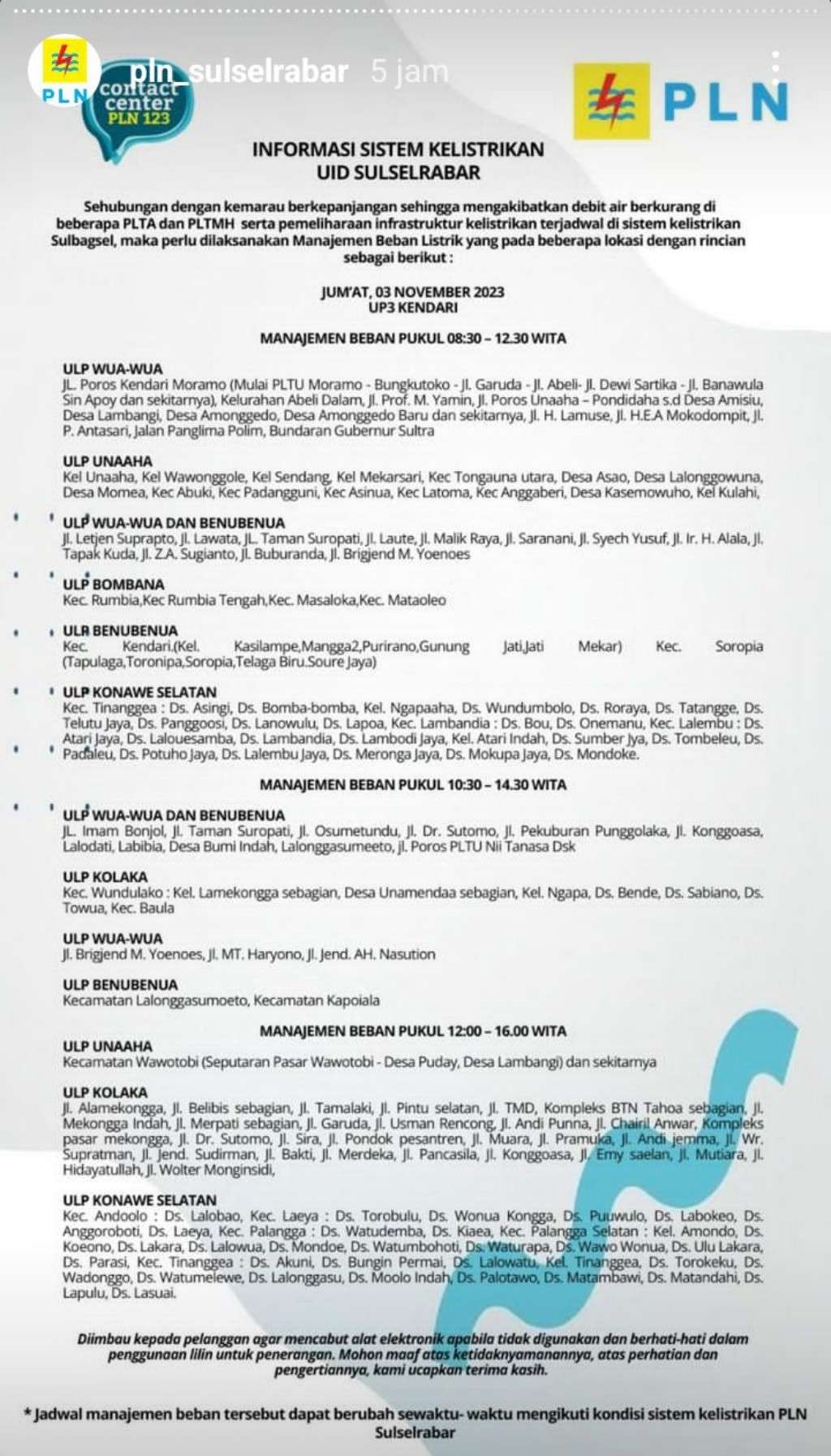 Jadwal Pemadaman Listrik di Kendari Hari Ini, 3 November 2023