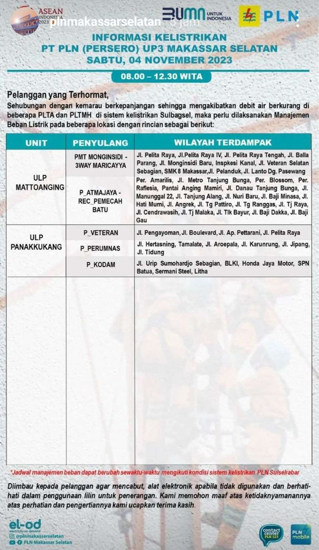 Update Jadwal Pemadaman Listrik di Makassar Hari Ini 4 November 2023, Sampai Jam 12 Malam