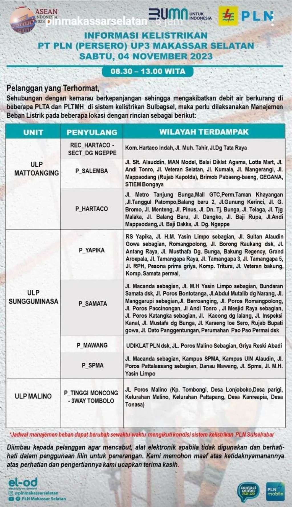 Update Jadwal Pemadaman Listrik di Makassar Hari Ini 4 November 2023, Sampai Jam 12 Malam