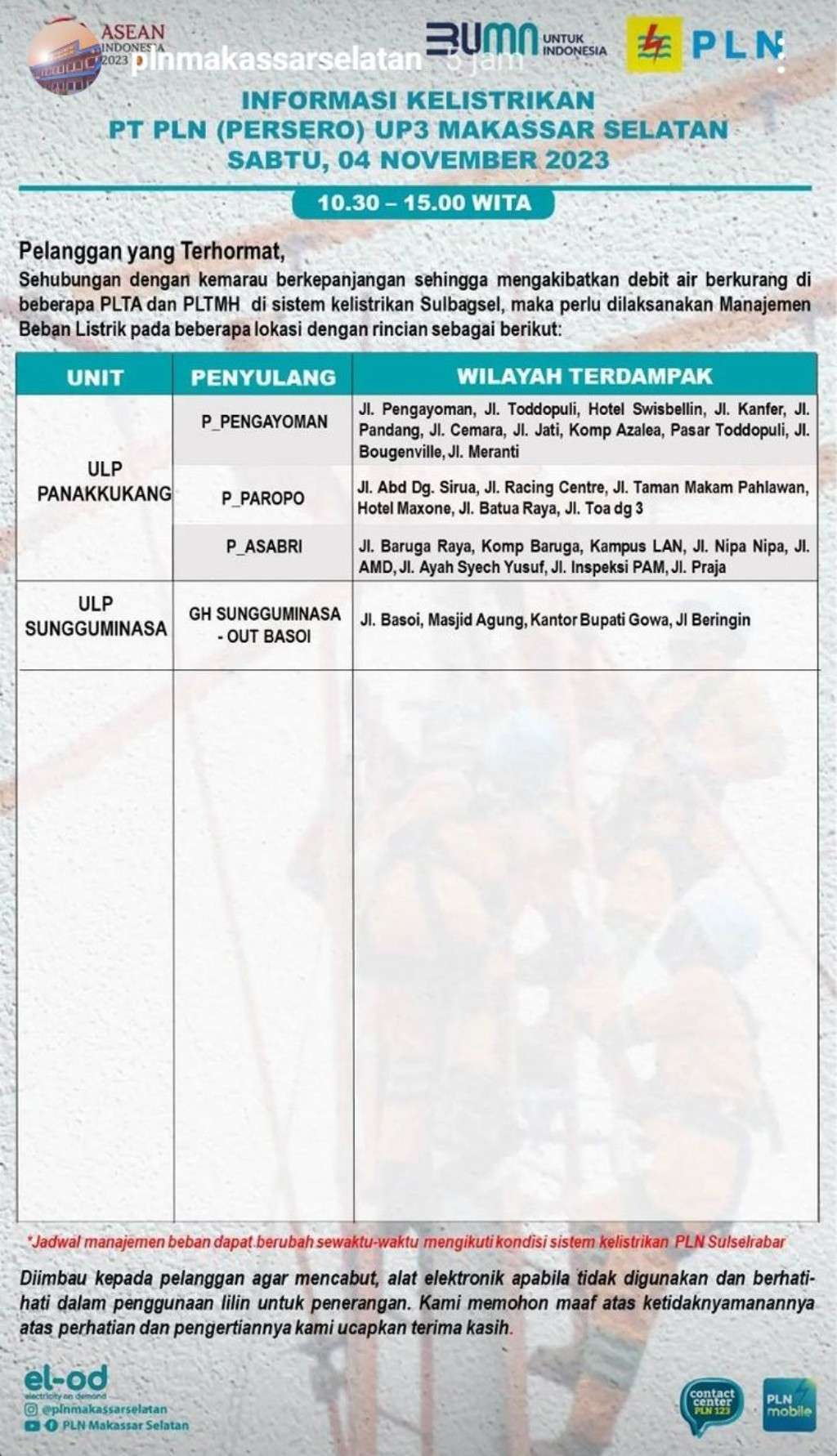 Update Jadwal Pemadaman Listrik di Makassar Hari Ini 4 November 2023, Sampai Jam 12 Malam