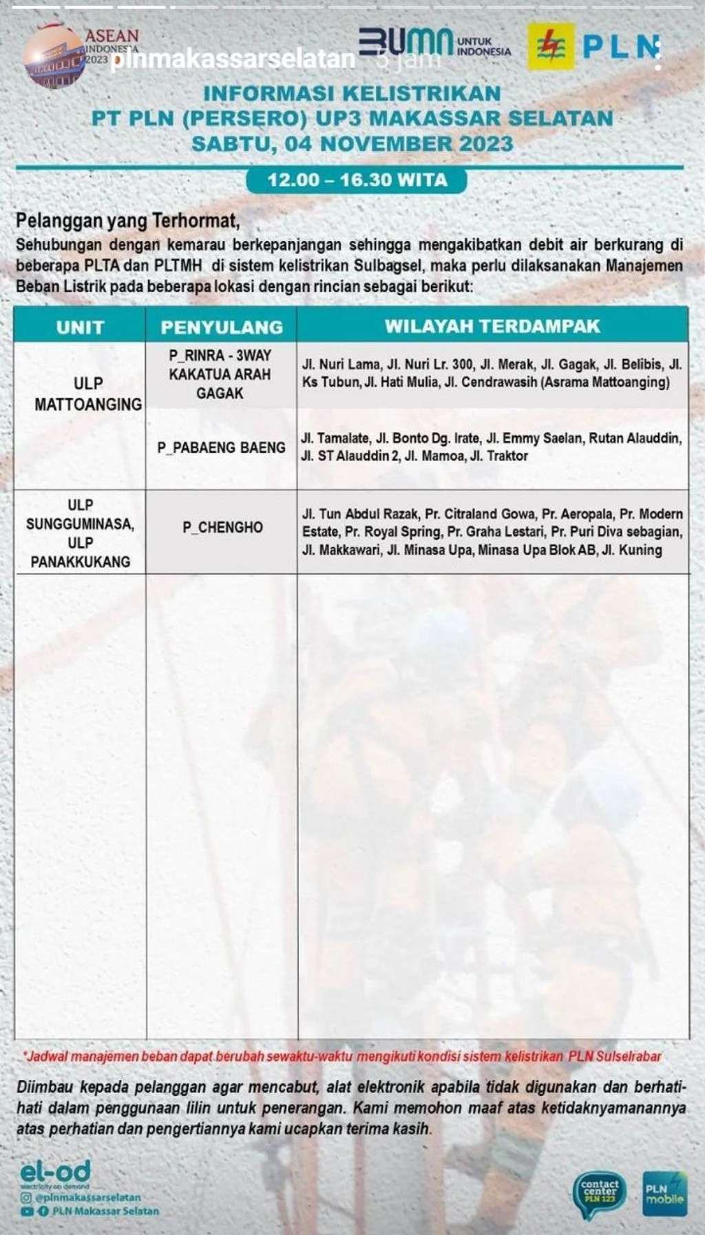 Update Jadwal Pemadaman Listrik di Makassar Hari Ini 4 November 2023, Sampai Jam 12 Malam
