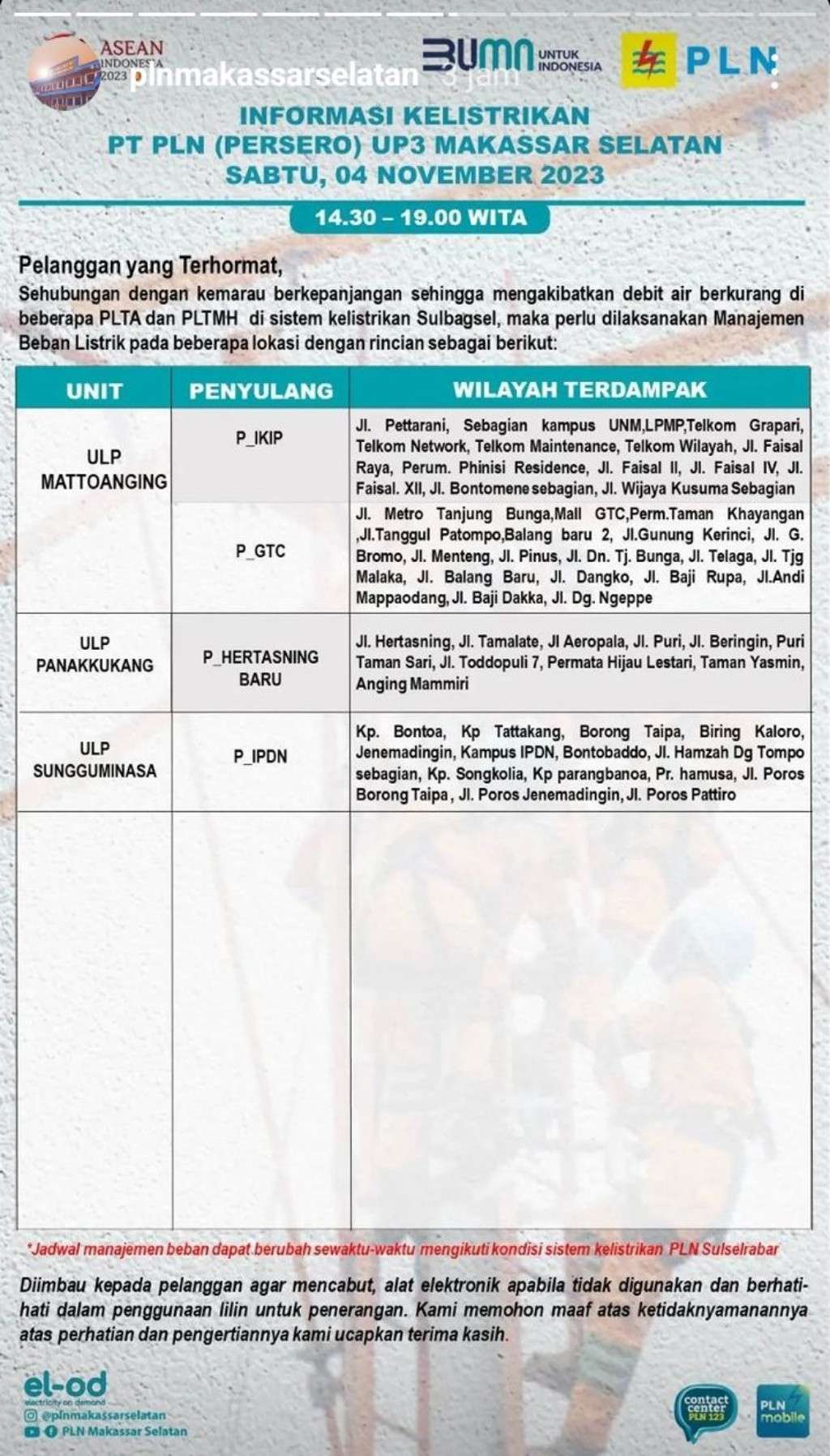 Update Jadwal Pemadaman Listrik di Makassar Hari Ini 4 November 2023, Sampai Jam 12 Malam