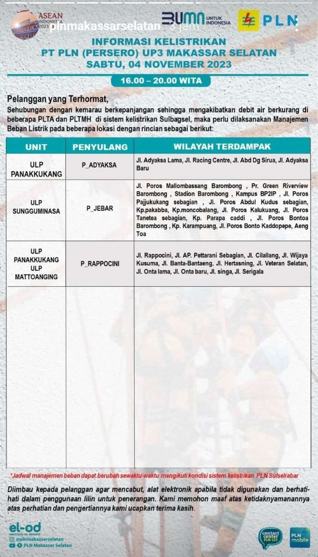 Update Jadwal Pemadaman Listrik di Makassar Hari Ini 4 November 2023, Sampai Jam 12 Malam