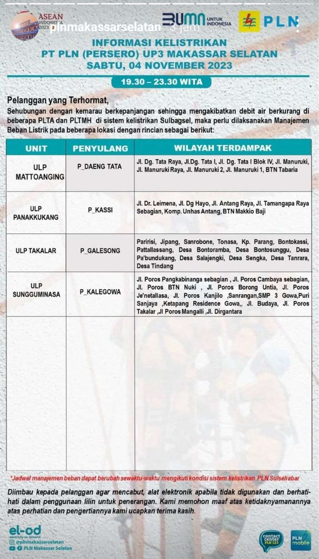 Update Jadwal Pemadaman Listrik di Makassar Hari Ini 4 November 2023, Sampai Jam 12 Malam