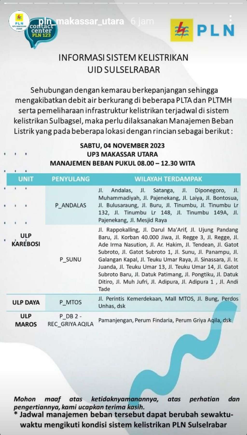 Update Jadwal Pemadaman Listrik di Makassar Hari Ini 4 November 2023, Sampai Jam 12 Malam