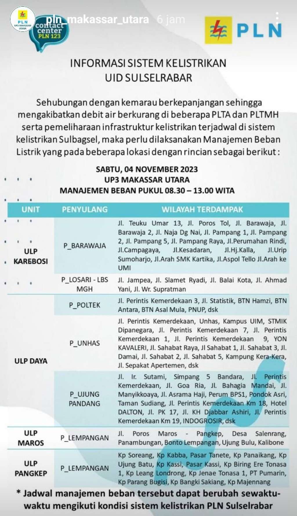 Update Jadwal Pemadaman Listrik di Makassar Hari Ini 4 November 2023, Sampai Jam 12 Malam