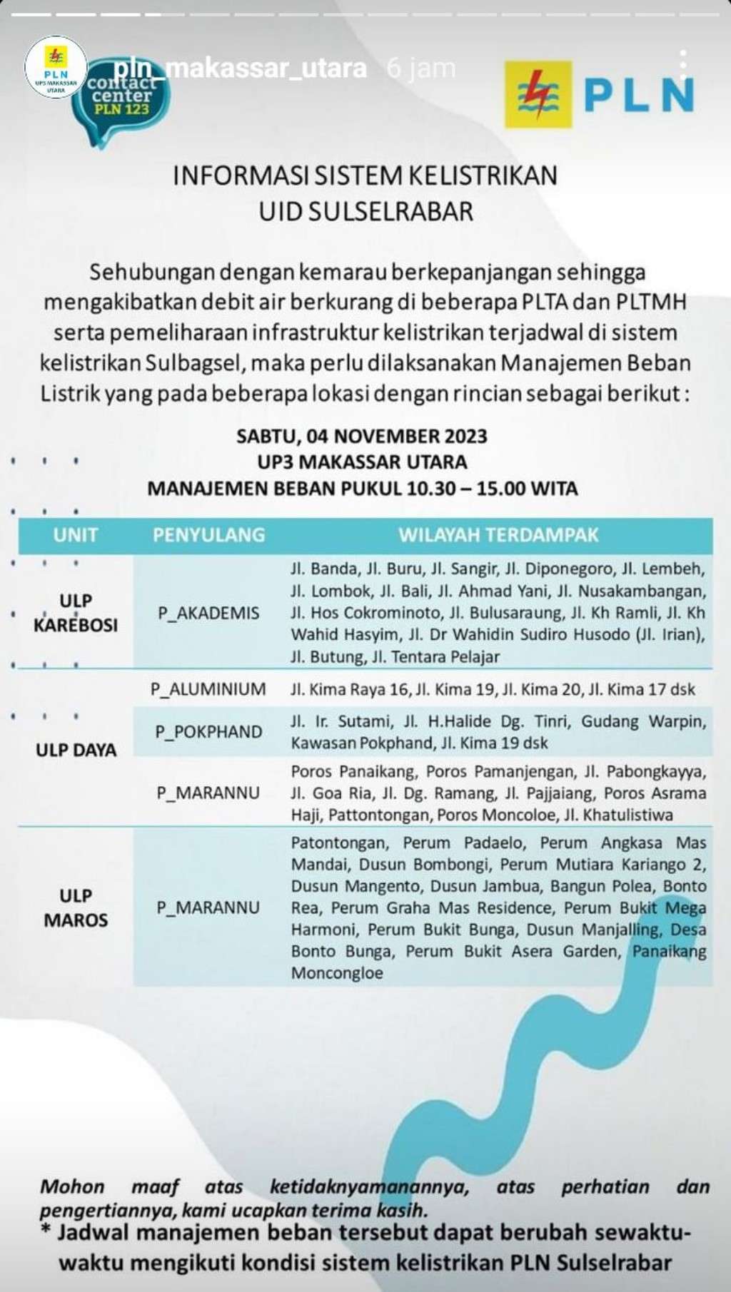 Update Jadwal Pemadaman Listrik di Makassar Hari Ini 4 November 2023, Sampai Jam 12 Malam