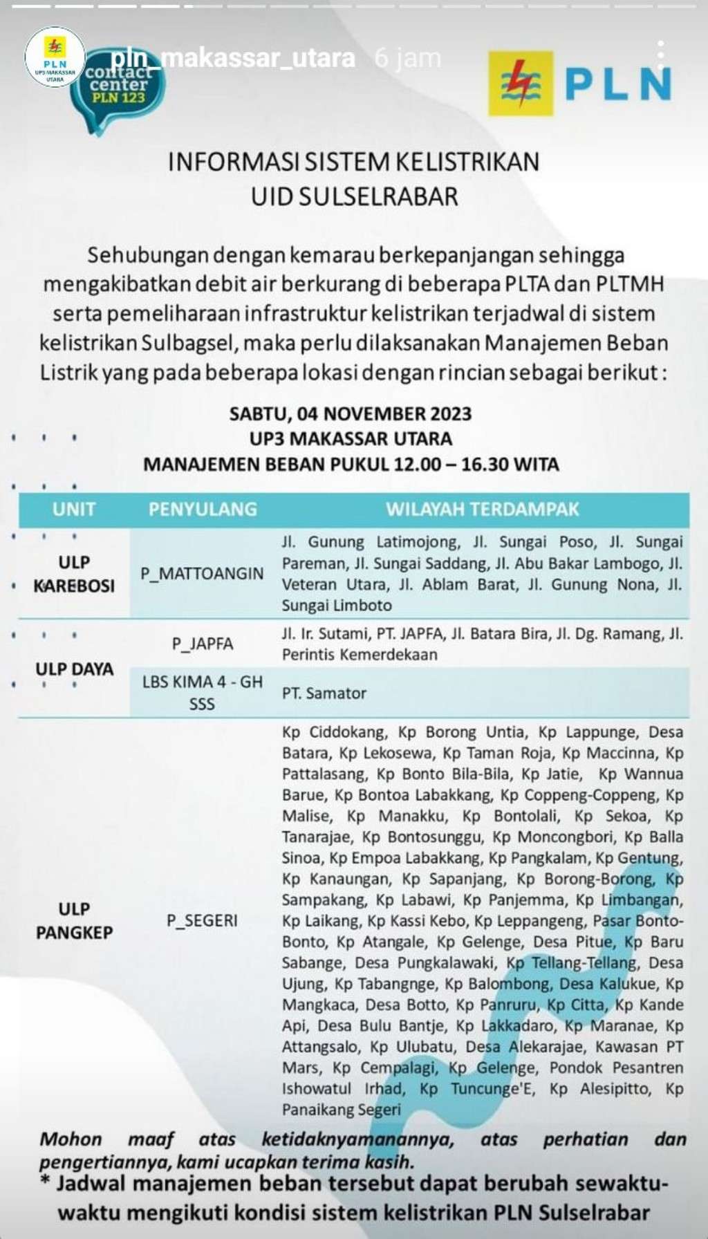 Update Jadwal Pemadaman Listrik di Makassar Hari Ini 4 November 2023, Sampai Jam 12 Malam