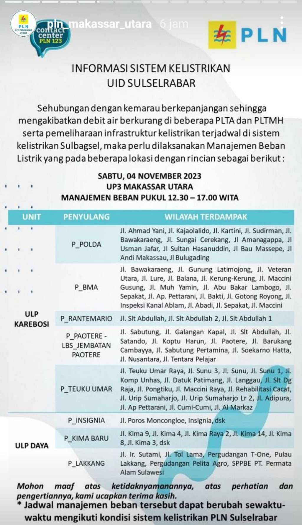 Update Jadwal Pemadaman Listrik di Makassar Hari Ini 4 November 2023, Sampai Jam 12 Malam