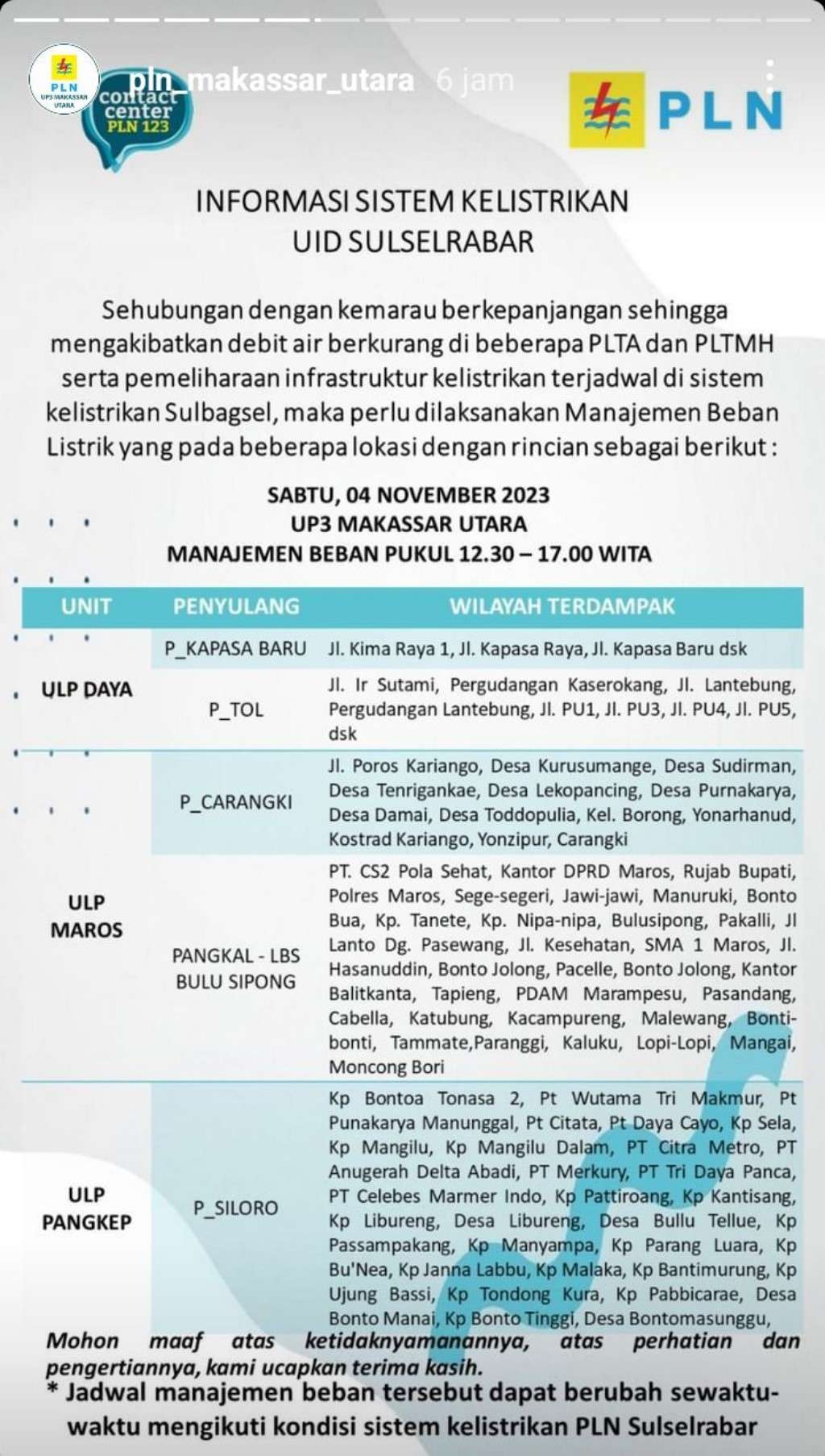 Update Jadwal Pemadaman Listrik di Makassar Hari Ini 4 November 2023, Sampai Jam 12 Malam