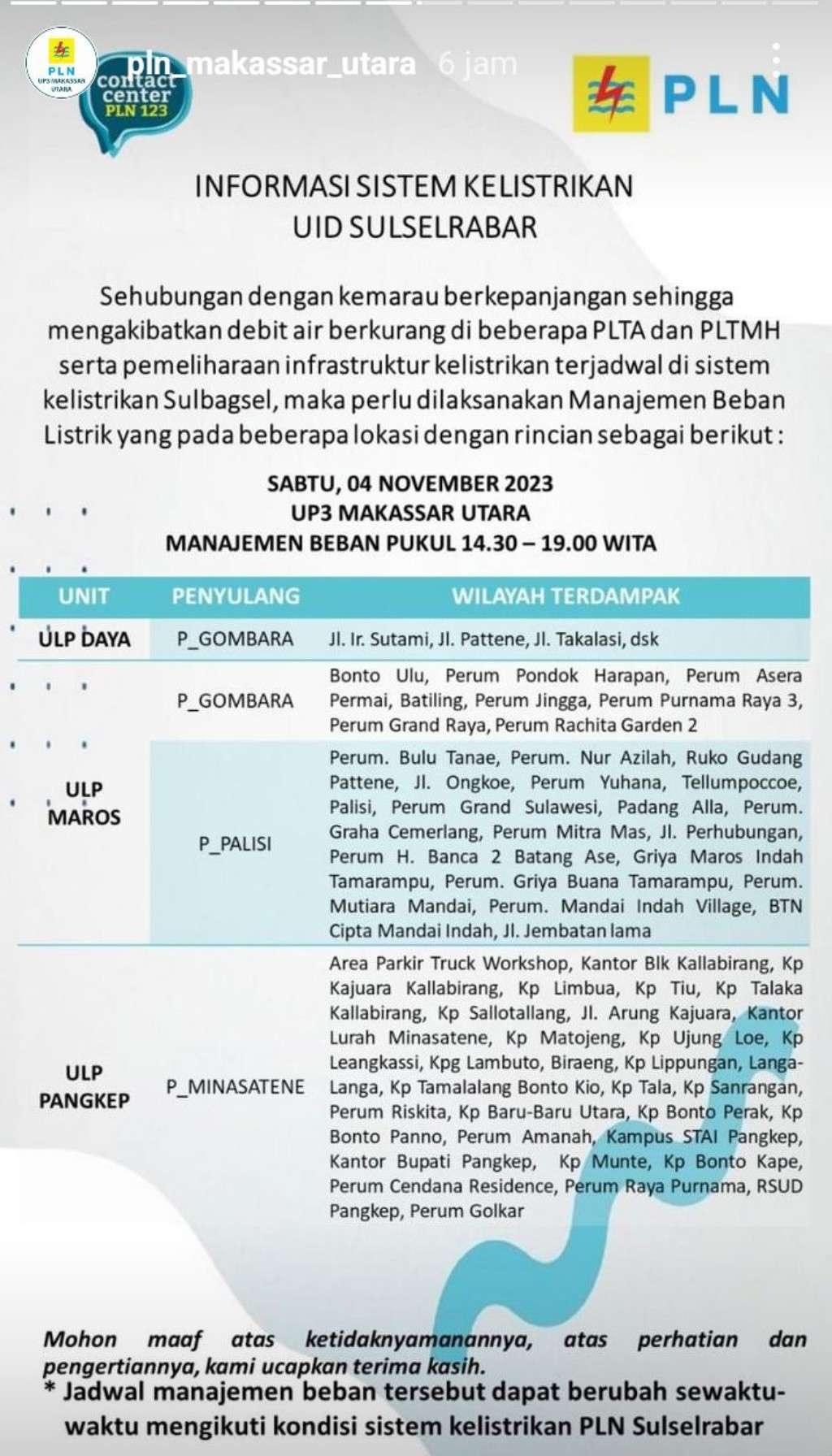 Update Jadwal Pemadaman Listrik di Makassar Hari Ini 4 November 2023, Sampai Jam 12 Malam