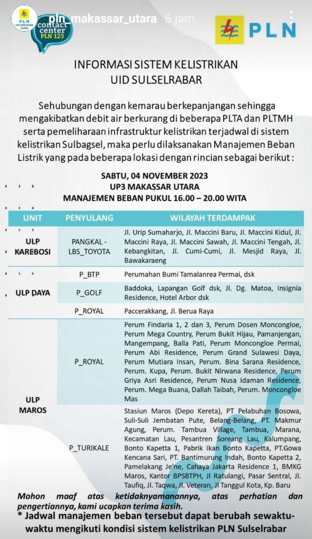 Update Jadwal Pemadaman Listrik di Makassar Hari Ini 4 November 2023, Sampai Jam 12 Malam