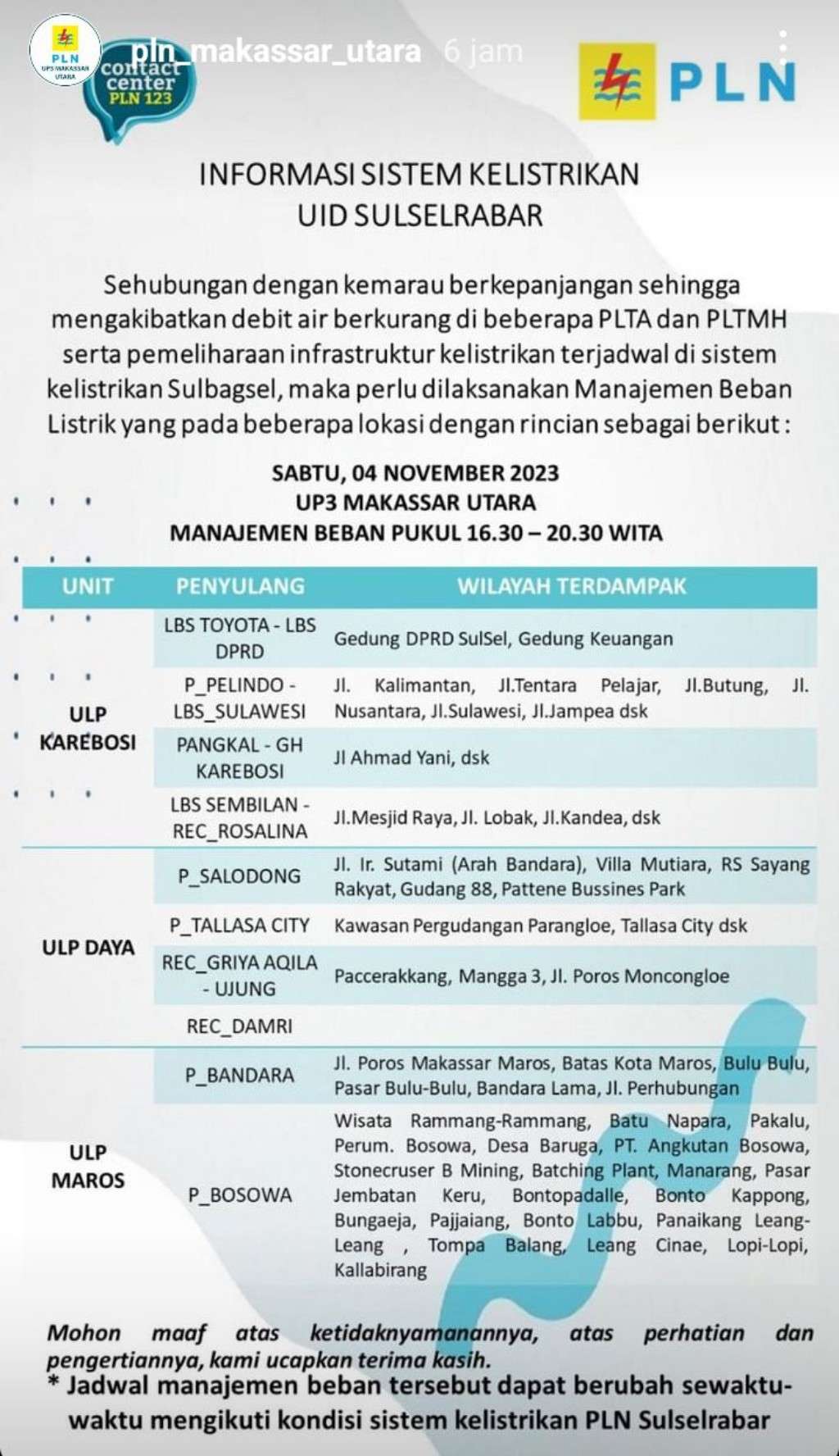 Update Jadwal Pemadaman Listrik di Makassar Hari Ini 4 November 2023, Sampai Jam 12 Malam