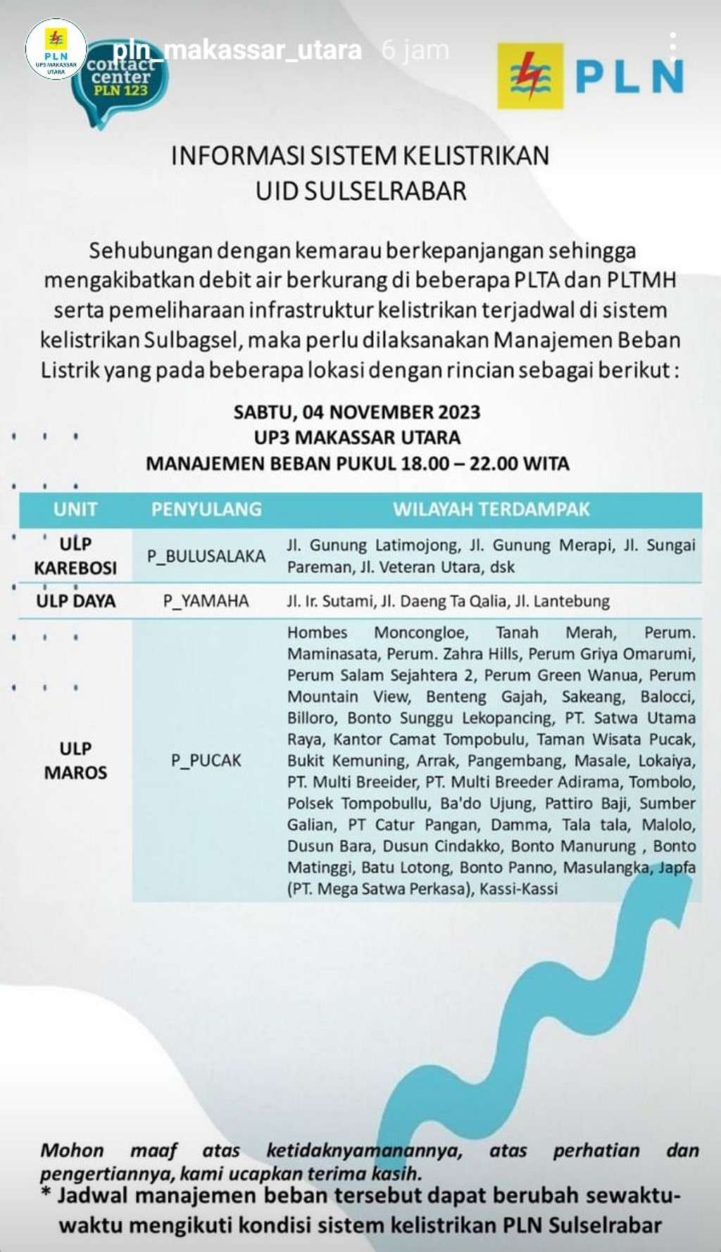 Update Jadwal Pemadaman Listrik di Makassar Hari Ini 4 November 2023, Sampai Jam 12 Malam
